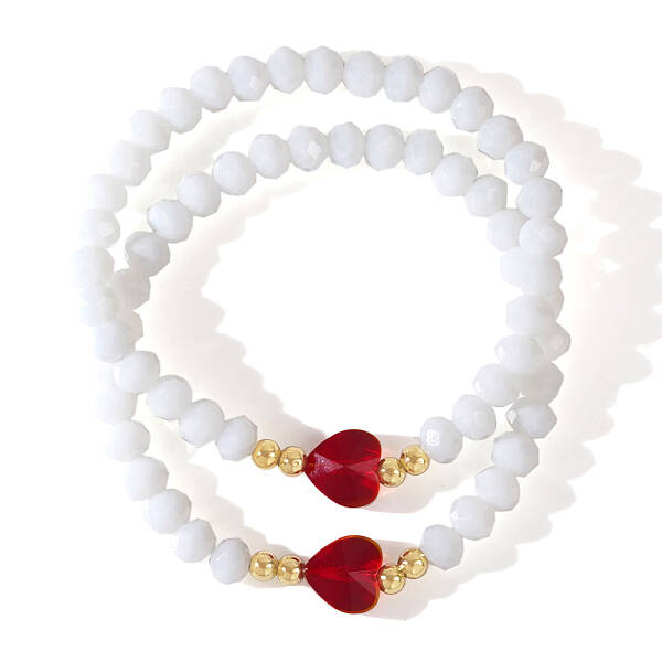 2Pcs Red Peach Heart Glass Beaded Stretch Bracelets for Women