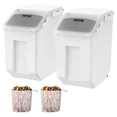 VEVOR Ingredient Storage Bin, 2 x 15L Dispenser Bin with 2 Measuring Cups, Attachable Casters and Airtight Lid, 2 Pcs/Set Dog...