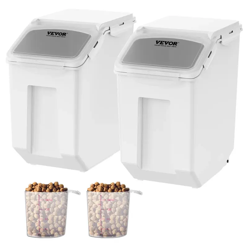 VEVOR Ingredient Storage Bin, 2 x 15L Dispenser Bin with 2 Measuring Cups, Attachable Casters and Airtight Lid, 2 Pcs/Set Dog...