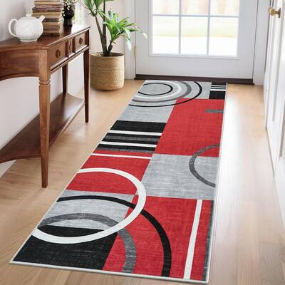 Garvee Modern Red 2x6 Washable Runner Rug Abstract Geometric Non-Slip Stain-Resistant 100% Polyester Low Pile Red Hallway Kit...
