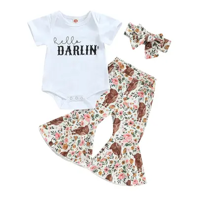 3Pcs Baby Girl Spring Outfits,0-18 Months Short Sleeve Romper + Floral Cow Print Flare Pants + Headband Set Dress