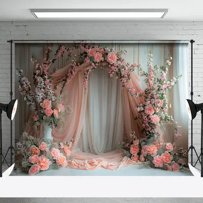 Romantic Pink White Curtain Floral Wedding Backdrop