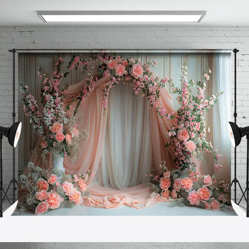 Romantic Pink White Curtain Floral Wedding Backdrop