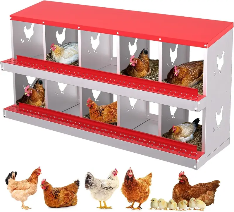Garvee Metal Chicken Nesting Box with 10 Compartments, Heavy-Duty Galvanized Steel, Egg Roll-Away System, Ventilated Design, ...