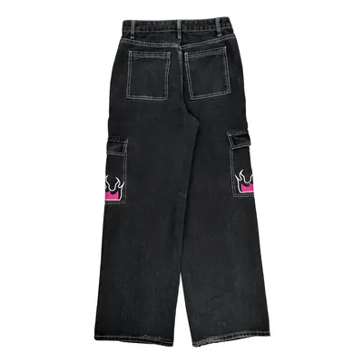 Flame Embroidery Shein Baggy Jeans - 30W UK 12 Black Cotton Blend