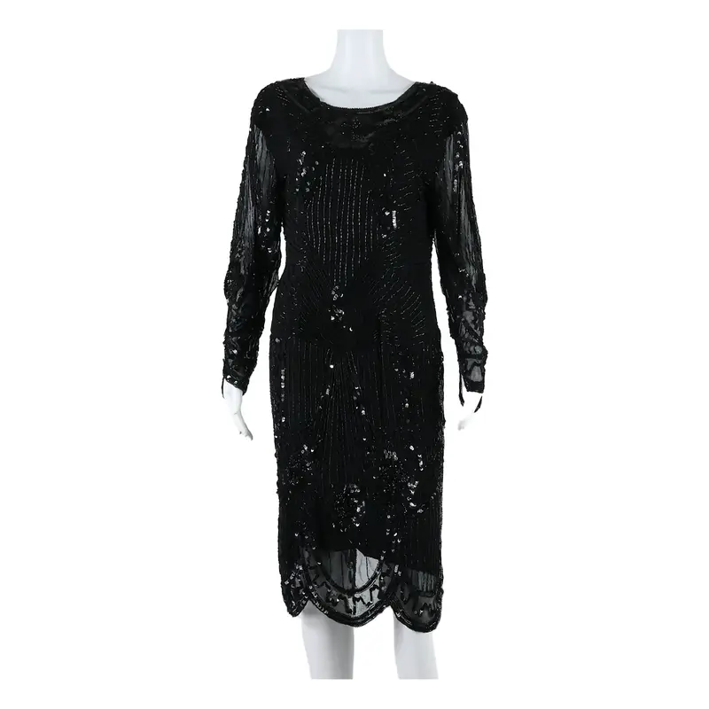 SWEE LO Beaded Sequin Womens Pencil Dress Black Silk Long Sleeve Midi M