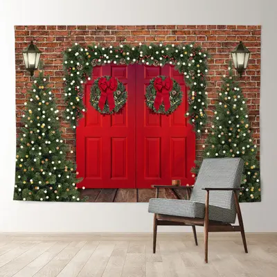 Aperturee Red Door Tree Wreath Brick Wall Christmas Backdrop