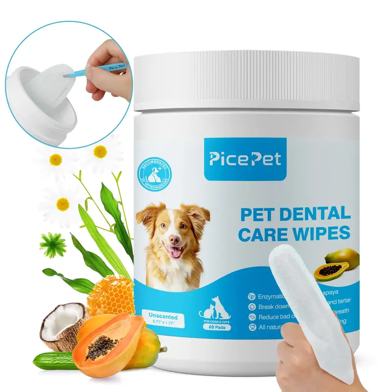 Pet Dental Wipes 60pcs Enzymatic Finger Teeth Cleaner Wipes for Dogs & Cats – Hygienic Green Tea Extract & Coconut Oil – ...