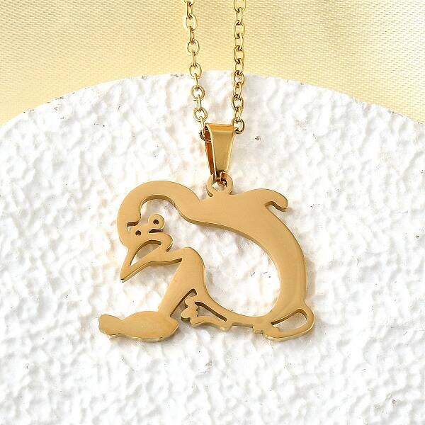 304 Stainless Steel Laser Cut Penguin with Fish Pendant Necklaces for Women Men