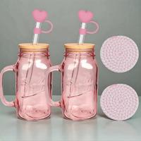 Mason Jar Stylish Glass Cups with Lid & Handle, 1 Set Including 2 Drinking Glasse & 2 Straw & 2 Coaster & 2 Straw Cap & 1 Bru...