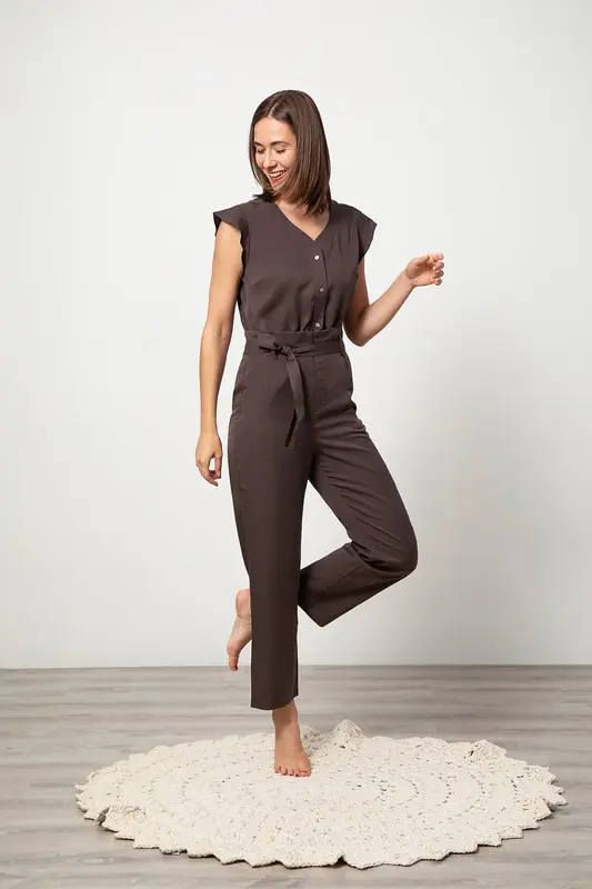 Short-sleeve Jumpsuit - Espresso | Size: XXS