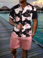 Two-piece Set Men's Tropical Floral Print Button Front Shirt & Drawstring Waist Shorts Two-piece Set, Regular Fit Casual Shor...