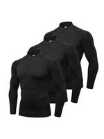 Men's 3pcs Solid Mock Neck Compression Shirt, Athletic Style Long Sleeve Turtleneck T-shirt for Basketball Football Running A...