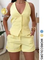 Two-piece Set Women's Solid Color V Neck Button Front Vest Blazer & Shorts, Casual Sleeveless Top & Shorts for Daily Wear, La...