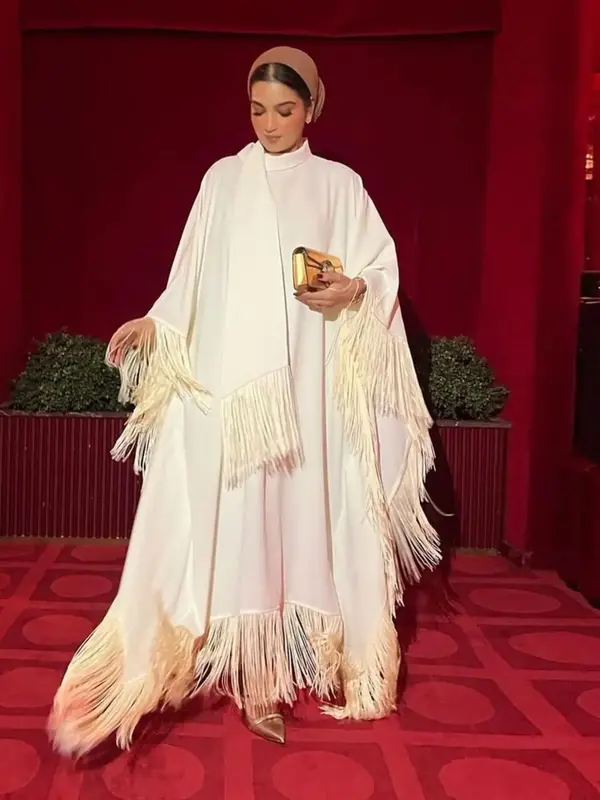 Women's Fringe Trim Batwing Sleeve Kaftan With Scarf, Elegant Long Sleeve Round Neck Maxi Dress for Party, Women's Islamic Cl...