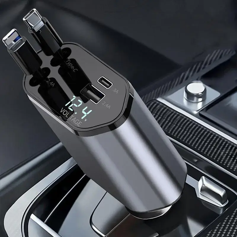 Retractable Cable Design 4 In 1 Car Charger, Dual Ports USB-C Fast Charging Car Charger, Universal Car Electrical Appliances ...