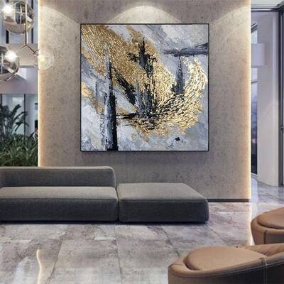 Golden Original Large Painting Fine Art Black and White Acrylic Canvas Abstract Decor For Hotel Wall Decor Texture Painting |...