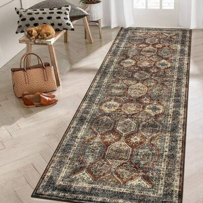Garvee Persian Brown-Red 2x6 Vintage Washable Runner Rug – Non-Slip Low-Pile Distressed Carpet, Faux Wool Soft Rug for Kitc...