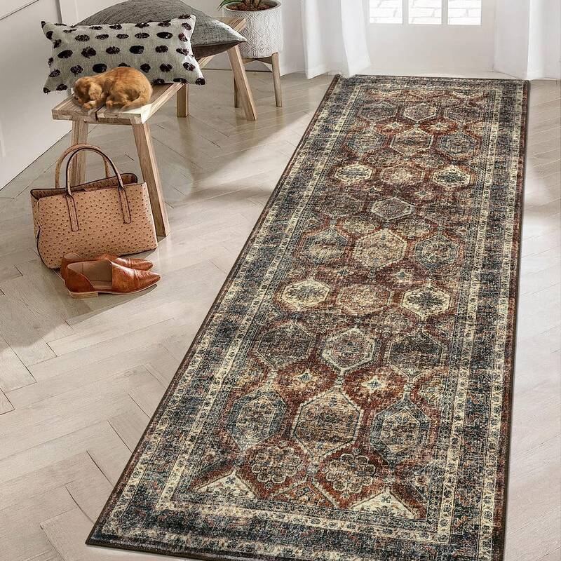 Garvee Persian Brown-Red 2x6 Vintage Washable Runner Rug – Non-Slip Low-Pile Distressed Carpet, Faux Wool Soft Rug for Kitc...
