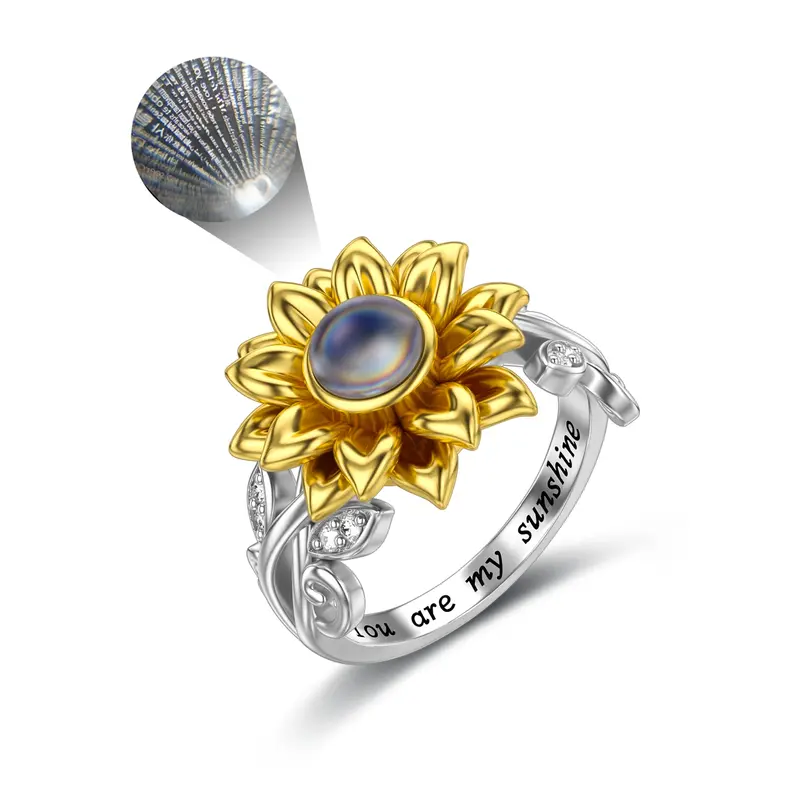 Sterling Silver Two-tone Round Shaped Projection Stone Sunflower Ring with Engraved Word