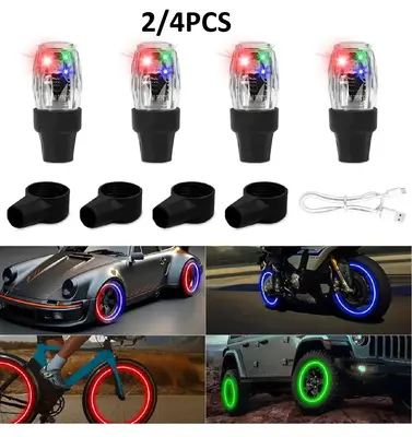 (2/4PCS)Tire Valve Light, Tire Valve cap light, Glow in the Dark, LED Colorful Wheel, Waterproof Flash Rechargeable Lamp for ...