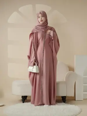 Women's Rhinestone Decor Batwing Sleeve Abaya Dress & Hijabs Two-piece Set, Elegant Long Sleeve Round Neck Maxi Dress & Hijab...