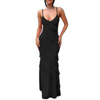 HOCILLE Women's Sexy Adjustable Spaghetti Straps Bodycon Sleeveless Ruffle Maxi Long Party Dress Solid Color Stretch Mesh Sli...