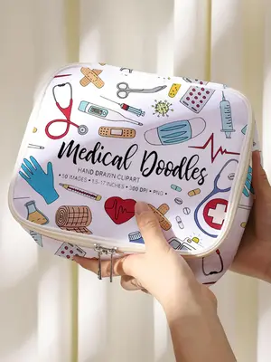 Medical Tool & Letters Print Makeup Bag, Large Capacity Cosmetics Storage Box, Portable Travel Cosmetics Storage Bag, Casual ...