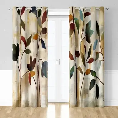 Oil Painting Plant Leaves Pattern Curtain, 2 Counts Modern Perforated Blackout Decorative Window Drapes, Household Textiles f...