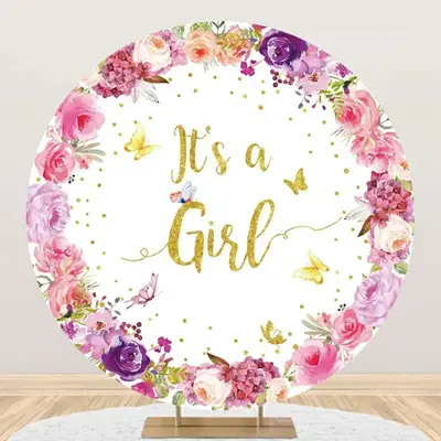 Pink Floral Its A Girl Round Baby Shower Backdrop - Aperturee