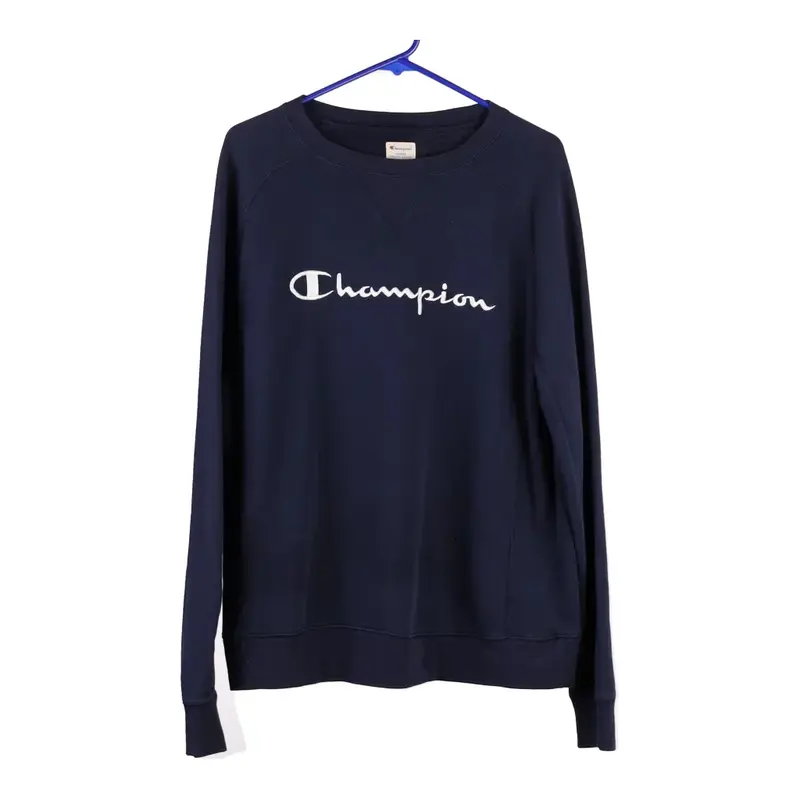 Champion Spellout Sweatshirt - Large Navy Cotton Blend