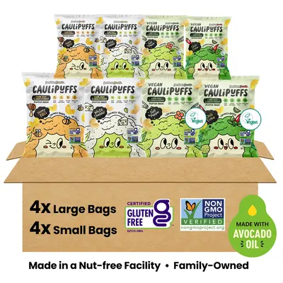 CauliPuffs Big-Bundle Variety 8-Pack, 4 Large Bags, 4 Small Bags, White Cheddar, Honey BBQ, Vegan Salt & Pepper, Vegan Chili ...