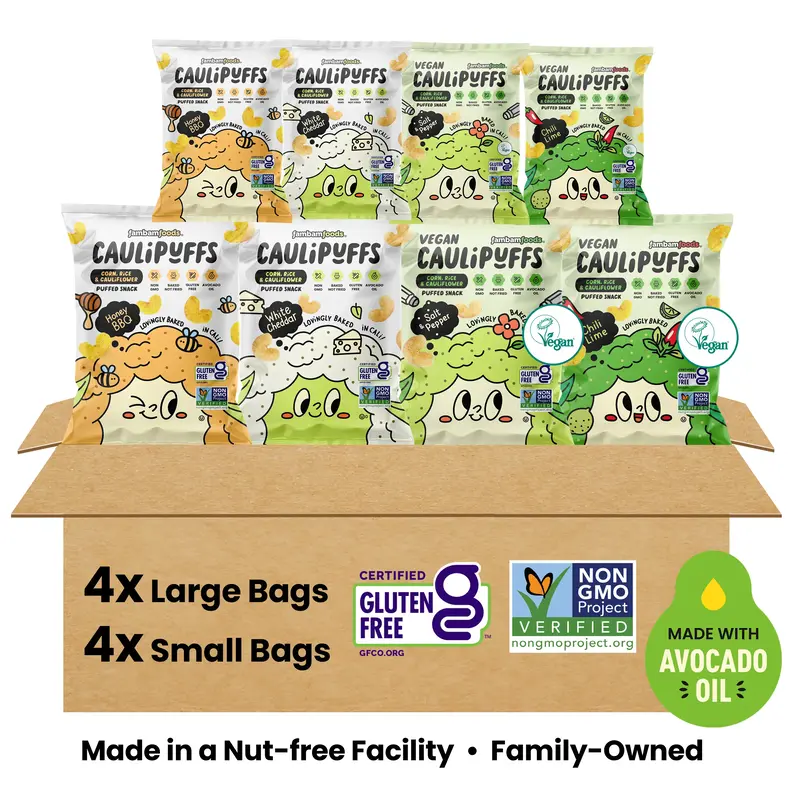 CauliPuffs Big-Bundle Variety 8-Pack, 4 Large Bags, 4 Small Bags, White Cheddar, Honey BBQ, Vegan Salt & Pepper, Vegan Chili ...