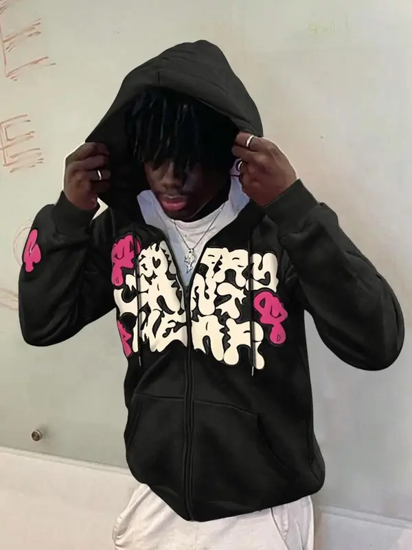 Men's Regular Fit Graphic Print Drop Shoulder Zip Up Hoodie, Fashion Casual Drawstring Pocket Plush Lined Hooded Sweatshirt f...