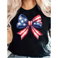 Women's 100% Cotton Patriotic Bow Graphic T-Shirt - American Flag Print Round Neck Short Sleeve Casual Top for Summer Spring,...