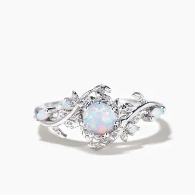 Round Cut White Opal Leaf Engagement Ring White Gold Nature Inspired Ring