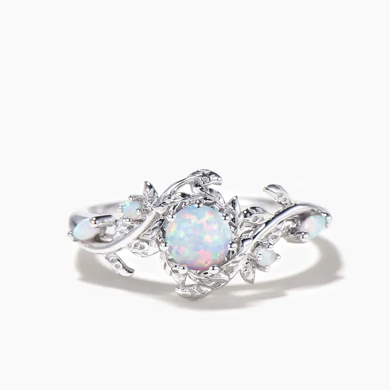 Round Cut White Opal Leaf Engagement Ring White Gold Nature Inspired Ring