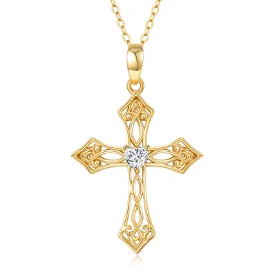 14K Gold Heart Shaped Cubic Zirconia Cross Pendant Necklace