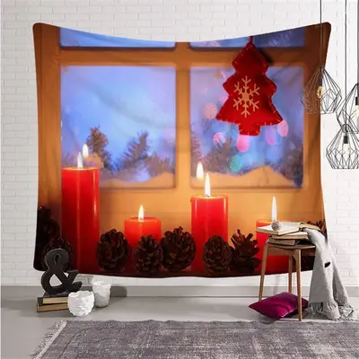 Window Bokeh Candle Christmas Landscape Wall Tapestry - Aperturee