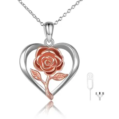 Sterling Silver Two-tone Rose Flower & Heart Urn Necklace for Ashes