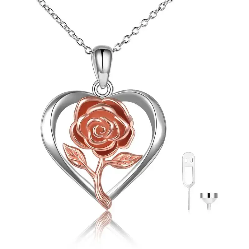 Sterling Silver Two-tone Rose Flower & Heart Urn Necklace for Ashes
