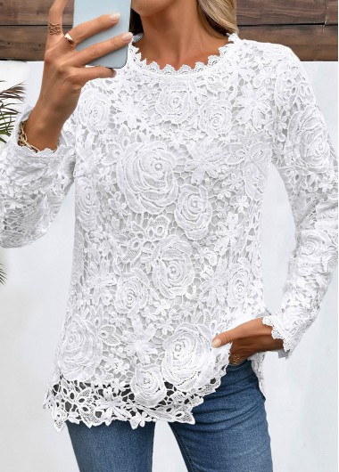 Modlily White Embroidery Long Sleeve Round Neck T Shirt - L