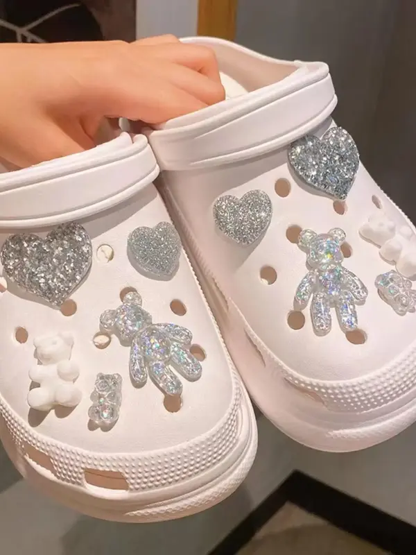 10pcs Cute Cartoon Bear & Heart Design Shoe Decoration, Fashionable Novelty Shoes Decorations for Clogs Design, Dazzling Glam...