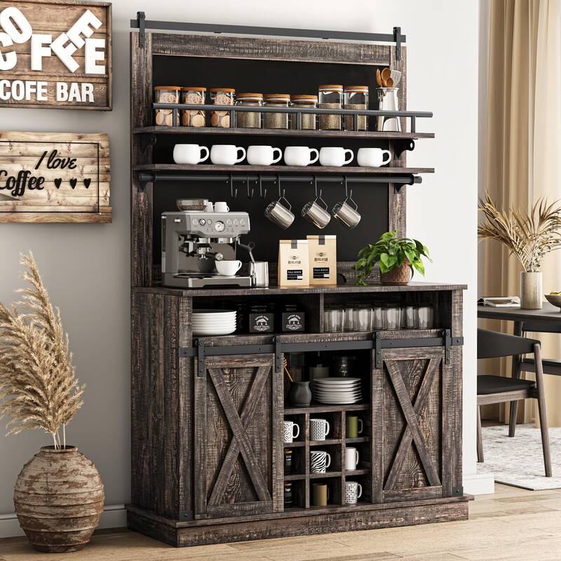 Garvee Coffee Bar Cabinet, Farmhouse Buffet Cabinet with Storage, 75 Tall Bar Cabinet Kitchen Buffet Sideboard with Sliding ...