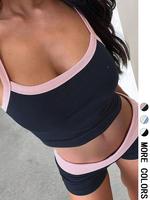 Women's Colorblock Crop Tank Top & Shorts Set, Sporty Casual Two-piece Outfits for Summer, Women's Clothing for Indoor Outdoo...