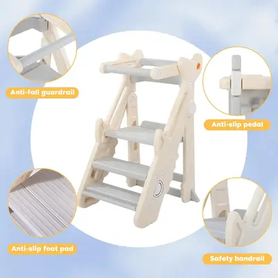 Foldable Learning Tower for Toddlers Adjustable Height Kitchen & Bathroom Step Stool  Non-Slip Foot Pads Safety Rails Portabl...