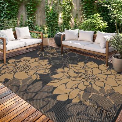 Garvee Outdoor Plastic Straw Rug 9x12 Waterproof Reversible Floral Botanical Polypropylene Non-Slip Lightweight Foldable with...