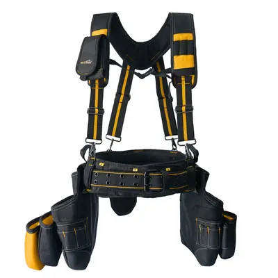 MELOTOUGH 28-Pocket Pro Framer's rig Combo Apron Tool Belt and Heavy Duty Padded Suspenders with Magnetic Desinger for Techni...