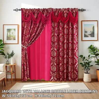 Luxury double - layer jacquard blackout curtains with valance, two - piece set (52 inches wide, 84 inches long). Floral curta...