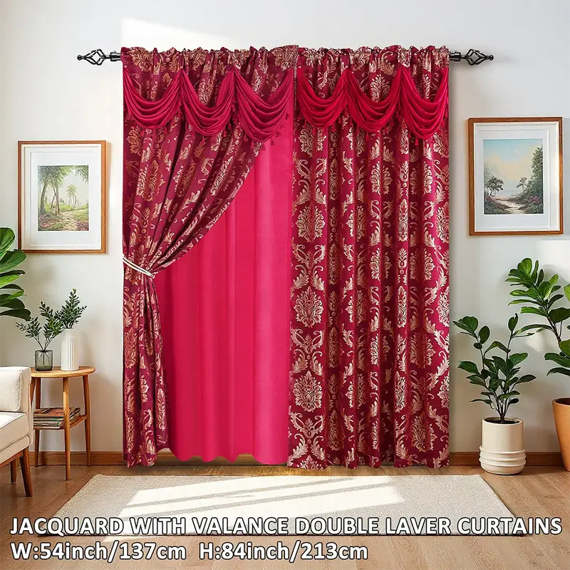 Luxury double - layer jacquard blackout curtains with valance, two - piece set (52 inches wide, 84 inches long). Floral curta...